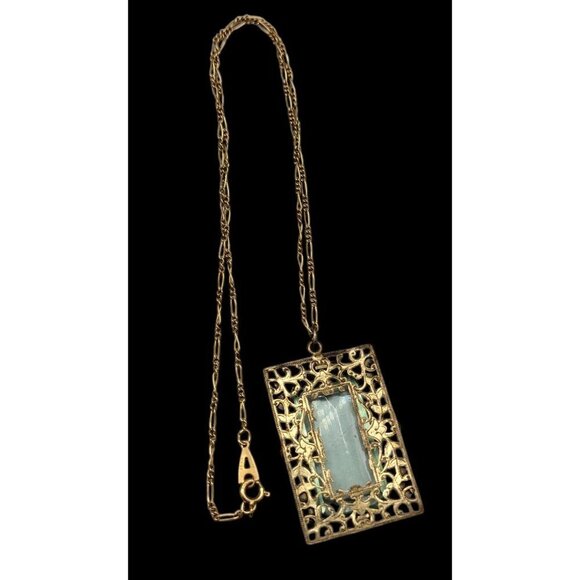 Artistry Green Glass Filigree Framed Pendant Necklace Enamel & Faux Pearl Accent - Picture 10 of 16